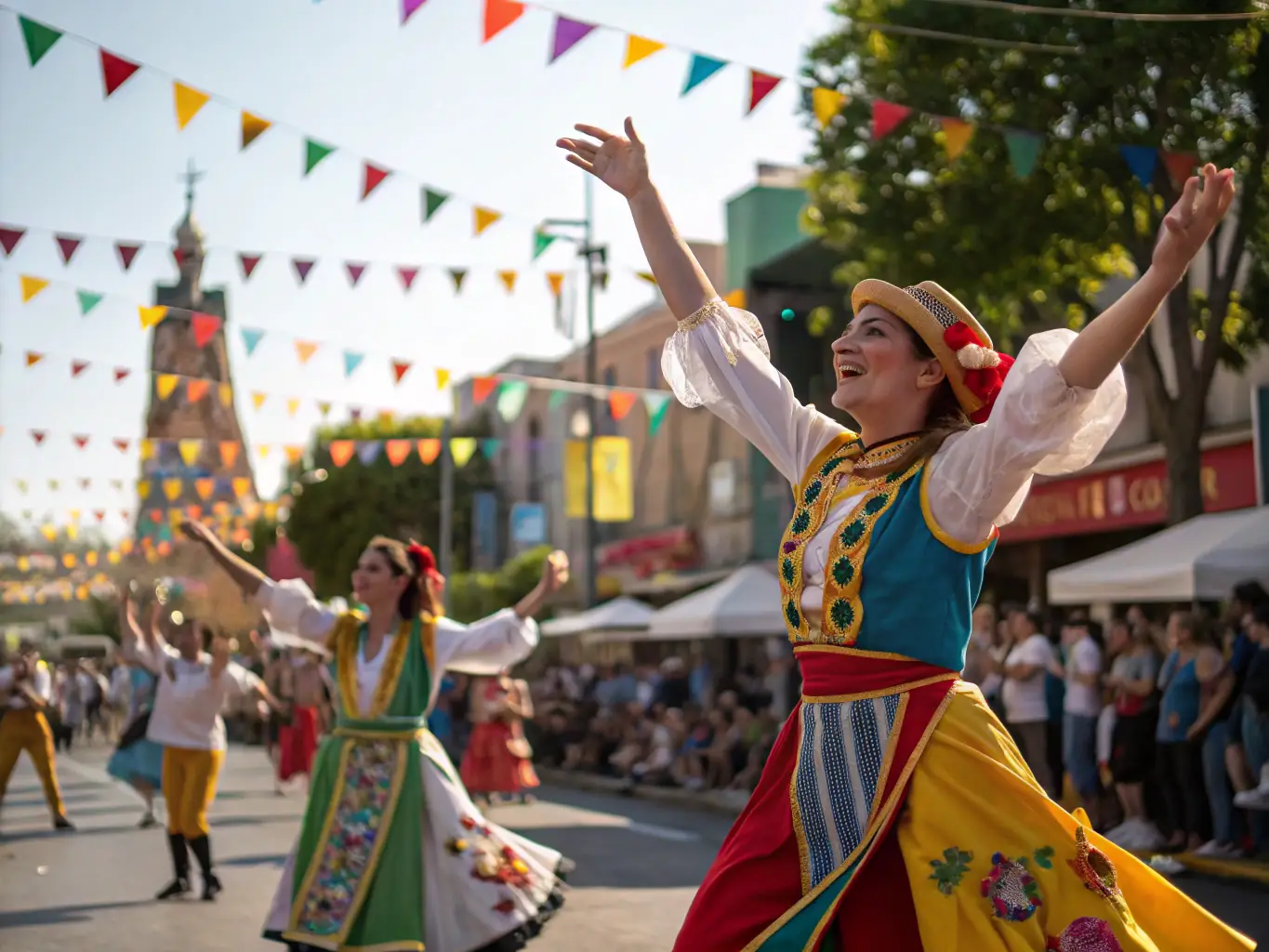 A photograph capturing a traditional French folk dance performance, showcasing vibrant costumes and intricate choreography, set against the backdrop of a local festival.