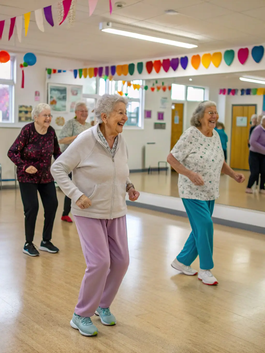 Seniors enjoying a gentle ballroom dance class, highlighting the social interaction, physical activity, and elegance of the dance form.