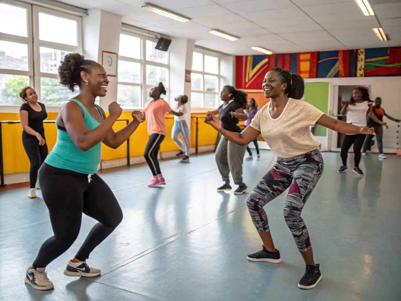 A candid shot of dancers of various ages laughing and interacting during a break at a dance workshop, highlighting the sense of camaraderie and community.