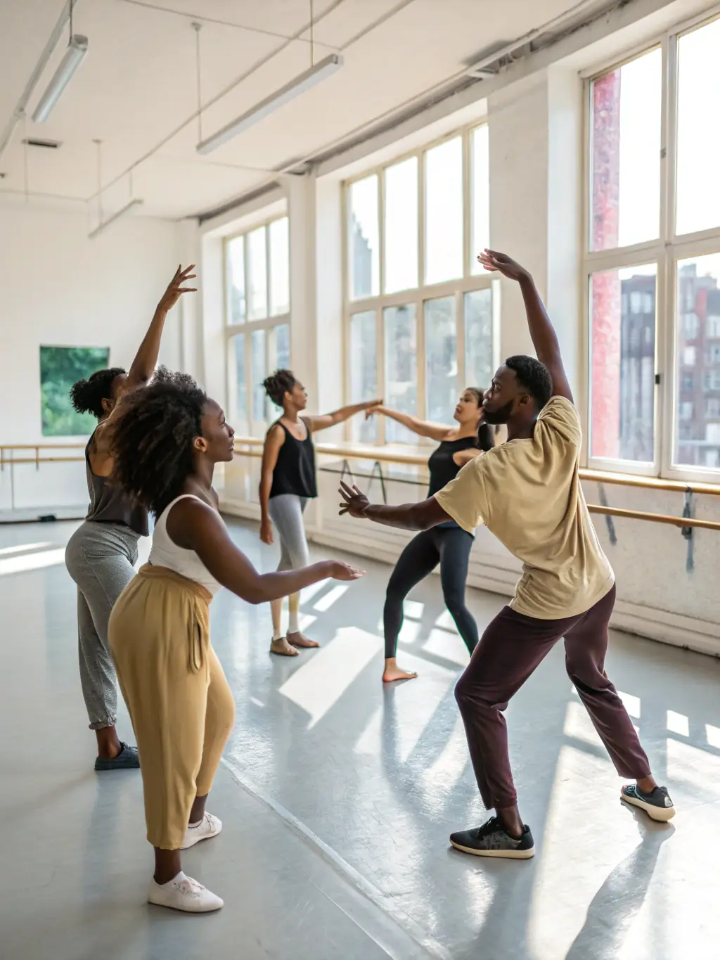 Adults participating in a contemporary dance workshop, emphasizing fluidity, emotional expression, and connection with the music.