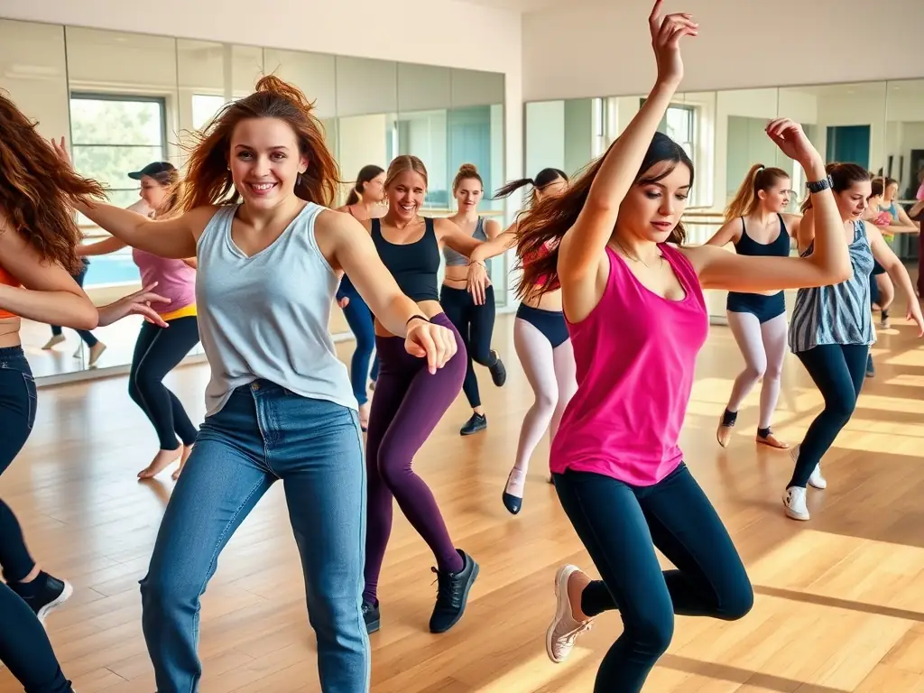 A group of diverse individuals joyfully participating in a modern dance class, with the instructor guiding them through the steps in a sunlit studio.