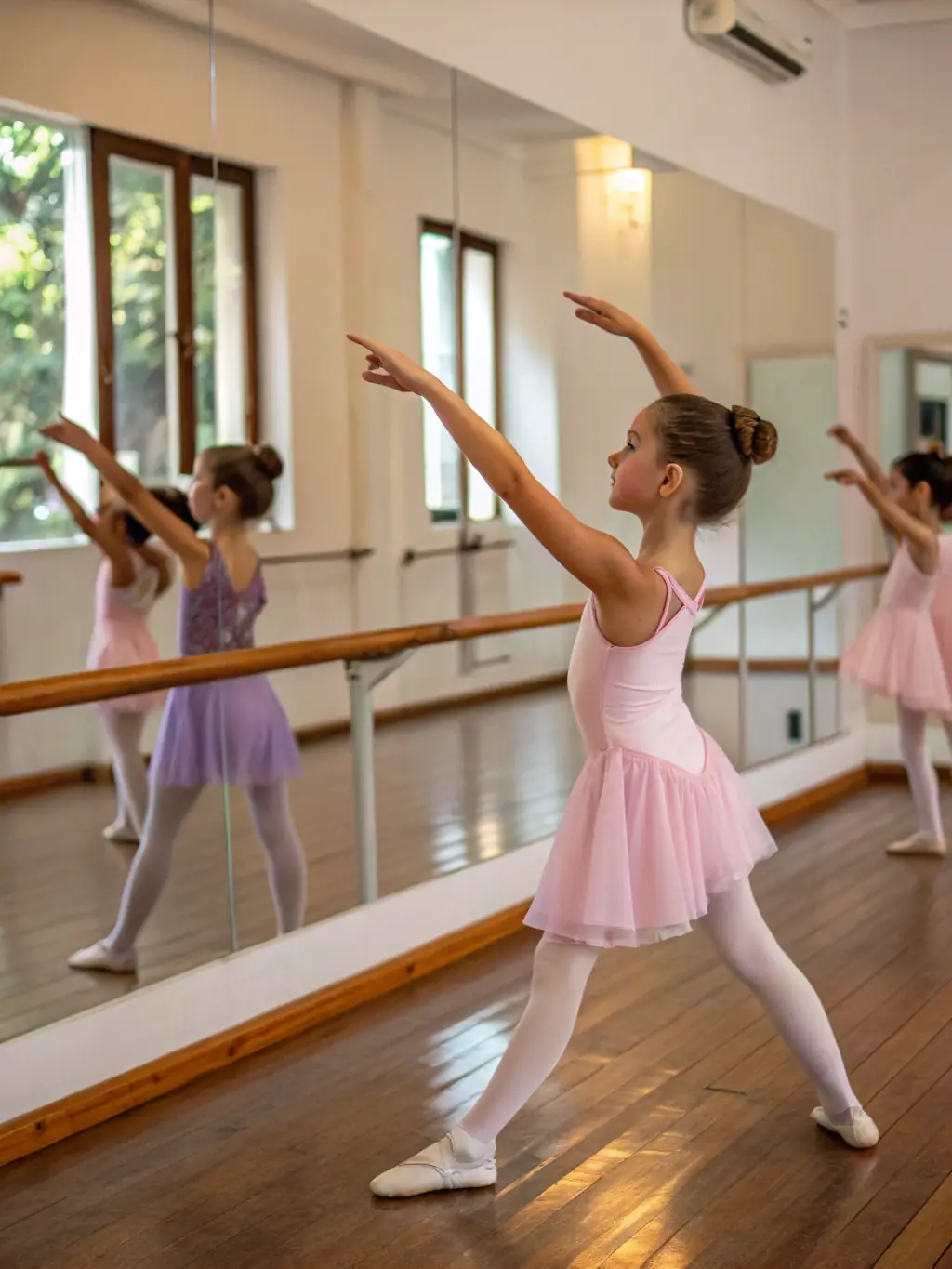 A group of children learning ballet in a brightly lit studio, with a focus on their graceful movements and the instructor's guidance.