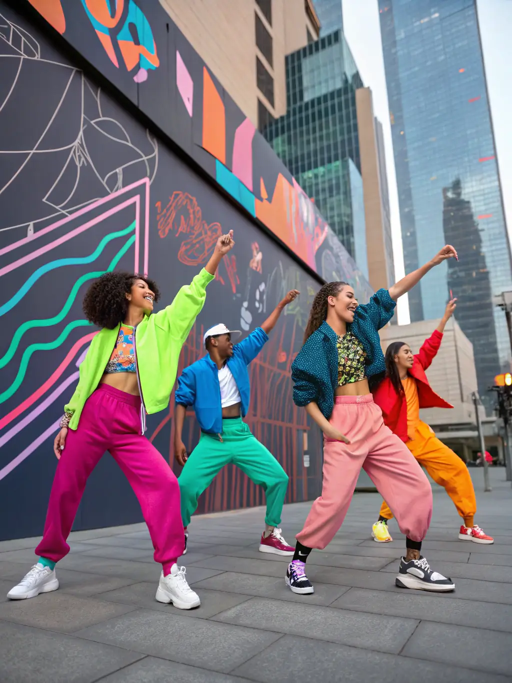 Teenagers practicing hip-hop dance moves in an urban setting, showcasing their energy, style, and teamwork.